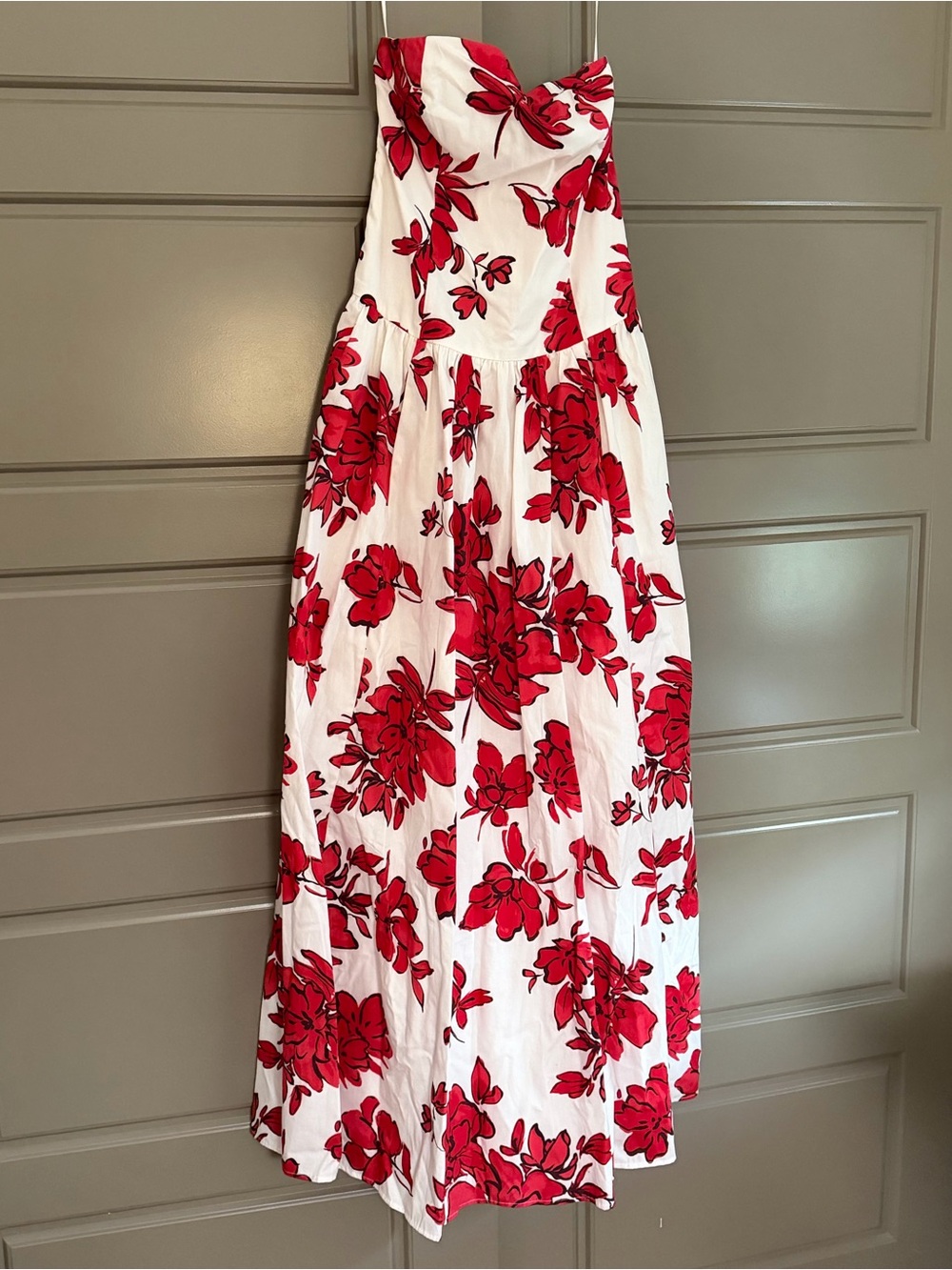 Strapless Drop-Waist Maxi Dress - red floral, XS Petite - Picture 2 of 4